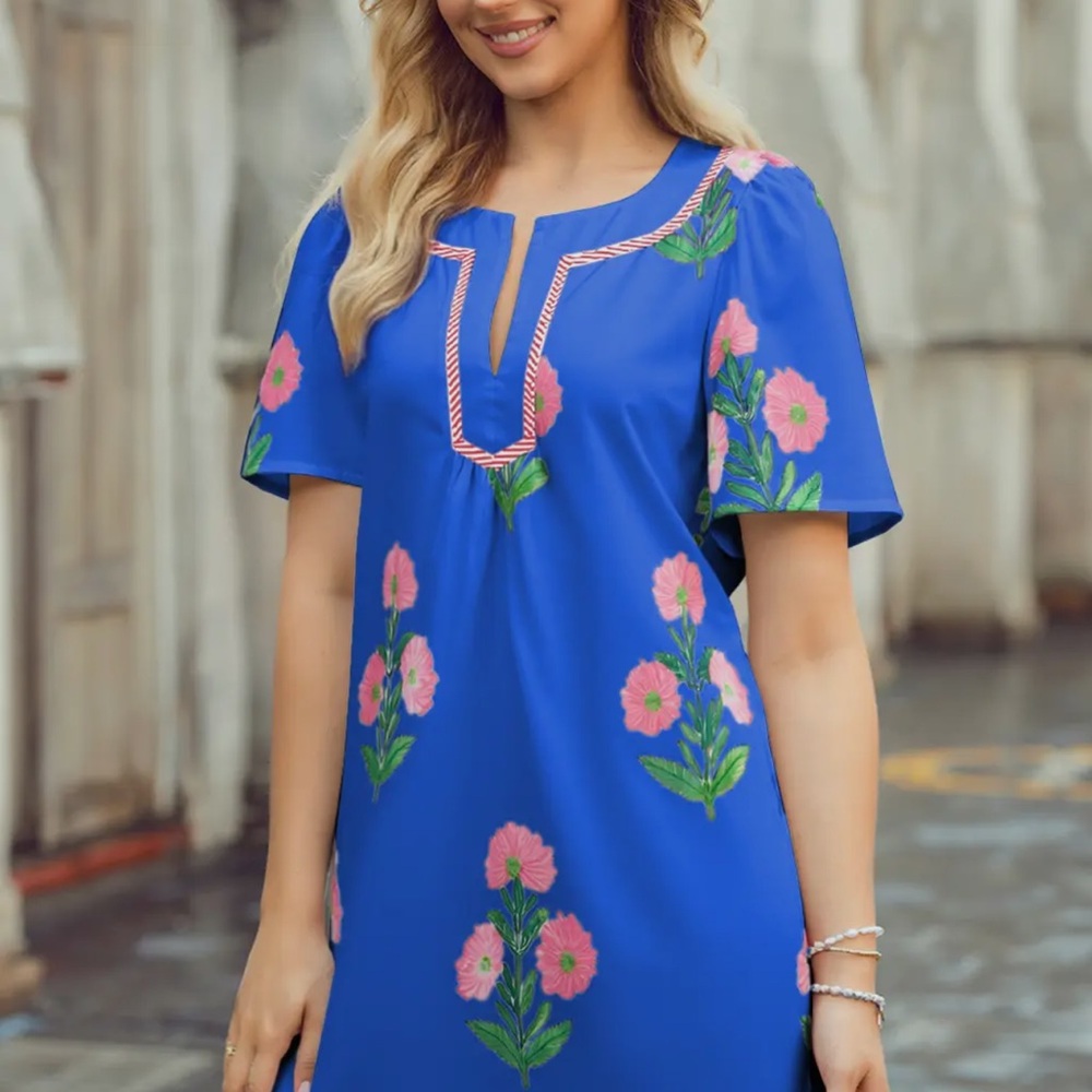 Blue Floral Embroidered Women's Top